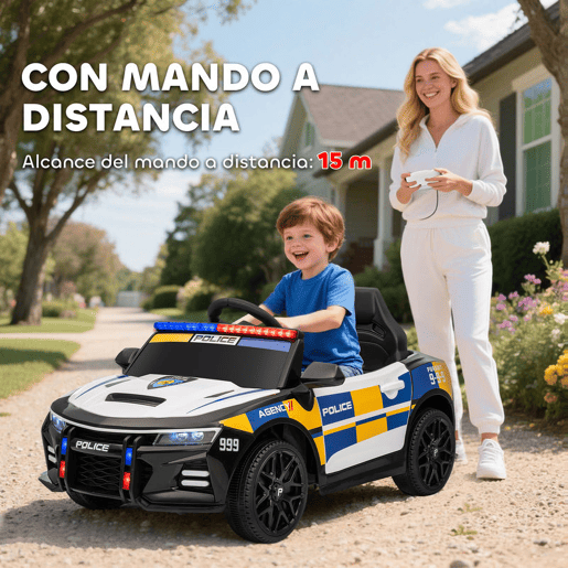 AIYAPLAY Carro Elétrico Infantil Modelo Policial 12V com Comando a Distância 2,4 Luzes Sirene Música USB e Suspensão 96x60x45 cm Multicor