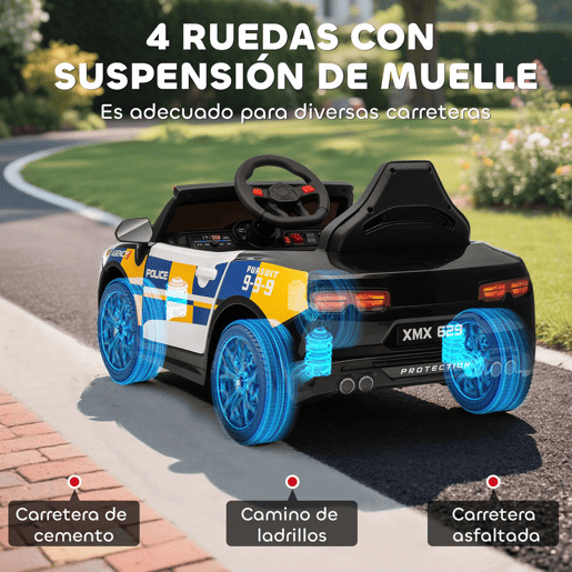 AIYAPLAY Carro Elétrico Infantil Modelo Policial 12V com Comando a Distância 2,4 Luzes Sirene Música USB e Suspensão 96x60x45 cm Multicor