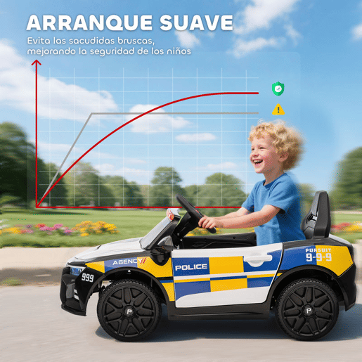 AIYAPLAY Carro Elétrico Infantil Modelo Policial 12V com Comando a Distância 2,4 Luzes Sirene Música USB e Suspensão 96x60x45 cm Multicor