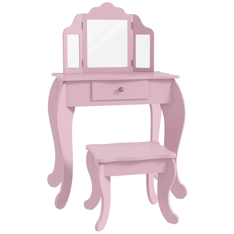 Homcom tocador infantil con taburete y espejo ajustable, tocador para niñas con cajón, mesa de maquillaje para niños y niñas de 3-6 años, rosa