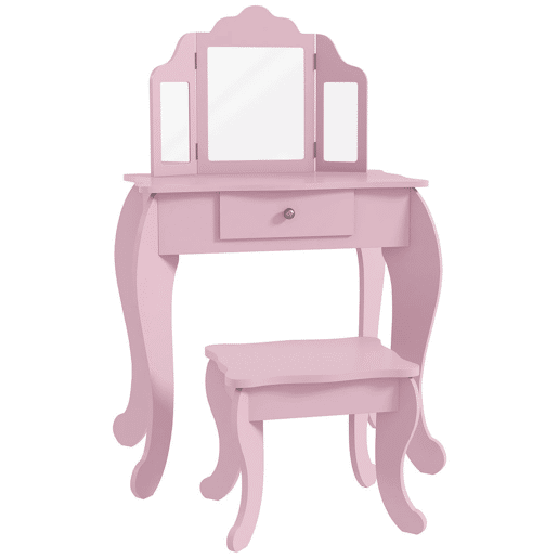 HOMCOM Toucador Infantil de Madeira com Banco e Espelho de Acrílico de 2 Seções Mesa de Maquilhagem Infantil com Gaveta para Dormitório Sala de Jogos 63x40x85,5 cm Rosa HOMCOM Toucador Infantil de Madeira com Banco e Espelho de Acrílico de 2 Seções Mesa de Maquilhagem Infantil com Gaveta para Dormitório Sala de Jogos 63x40x85,5 cm Rosa
