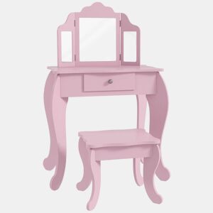 HOMCOM Toucador Infantil de Madeira com Banco e Espelho de Acrílico de 2 Seções Mesa de Maquilhagem Infantil com Gaveta para Dormitório Sala de Jogos 63x40x85,5 cm Rosa