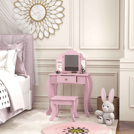 HOMCOM Toucador Infantil de Madeira com Banco e Espelho de Acrílico de 2 Seções Mesa de Maquilhagem Infantil com Gaveta para Dormitório Sala de Jogos 63x40x85,5 cm Rosa HOMCOM Toucador Infantil de Madeira com Banco e Espelho de Acrílico de 2 Seções Mesa de Maquilhagem Infantil com Gaveta para Dormitório Sala de Jogos 63x40x85,5 cm Rosa