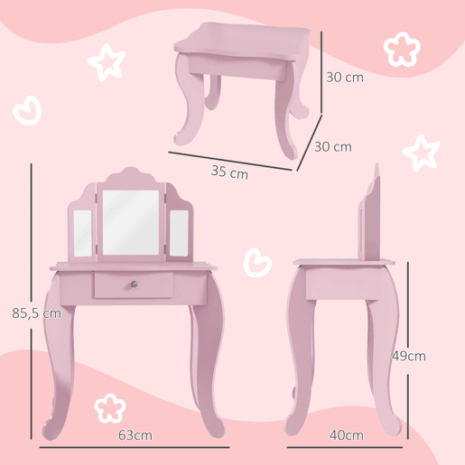 HOMCOM Toucador Infantil de Madeira com Banco e Espelho de Acrílico de 2 Seções Mesa de Maquilhagem Infantil com Gaveta para Dormitório Sala de Jogos 63x40x85,5 cm Rosa HOMCOM Toucador Infantil de Madeira com Banco e Espelho de Acrílico de 2 Seções Mesa de Maquilhagem Infantil com Gaveta para Dormitório Sala de Jogos 63x40x85,5 cm Rosa