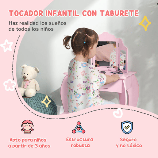 HOMCOM Toucador Infantil de Madeira com Banco e Espelho de Acrílico de 2 Seções Mesa de Maquilhagem Infantil com Gaveta para Dormitório Sala de Jogos 63x40x85,5 cm Rosa HOMCOM Toucador Infantil de Madeira com Banco e Espelho de Acrílico de 2 Seções Mesa de Maquilhagem Infantil com Gaveta para Dormitório Sala de Jogos 63x40x85,5 cm Rosa