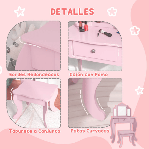 HOMCOM Toucador Infantil de Madeira com Banco e Espelho de Acrílico de 2 Seções Mesa de Maquilhagem Infantil com Gaveta para Dormitório Sala de Jogos 63x40x85,5 cm Rosa HOMCOM Toucador Infantil de Madeira com Banco e Espelho de Acrílico de 2 Seções Mesa de Maquilhagem Infantil com Gaveta para Dormitório Sala de Jogos 63x40x85,5 cm Rosa