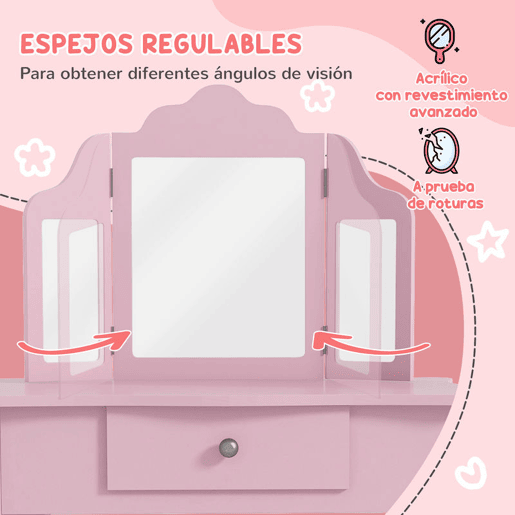 HOMCOM Toucador Infantil de Madeira com Banco e Espelho de Acrílico de 2 Seções Mesa de Maquilhagem Infantil com Gaveta para Dormitório Sala de Jogos 63x40x85,5 cm Rosa HOMCOM Toucador Infantil de Madeira com Banco e Espelho de Acrílico de 2 Seções Mesa de Maquilhagem Infantil com Gaveta para Dormitório Sala de Jogos 63x40x85,5 cm Rosa