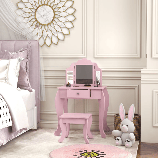 HOMCOM Toucador Infantil de Madeira com Banco e Espelho de Acrílico de 2 Seções Mesa de Maquilhagem Infantil com Gaveta para Dormitório Sala de Jogos 63x40x85,5 cm Rosa HOMCOM Toucador Infantil de Madeira com Banco e Espelho de Acrílico de 2 Seções Mesa de Maquilhagem Infantil com Gaveta para Dormitório Sala de Jogos 63x40x85,5 cm Rosa