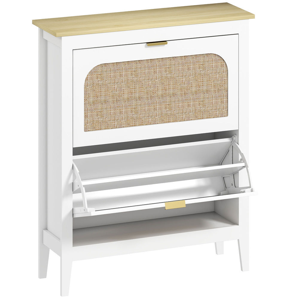 Homcom zapatero estrecho con 2 puertas de ratán zapatero entrada recibidor con estantes ajustables para 14 pares de zapatos 80x24x95,5 cm blanco