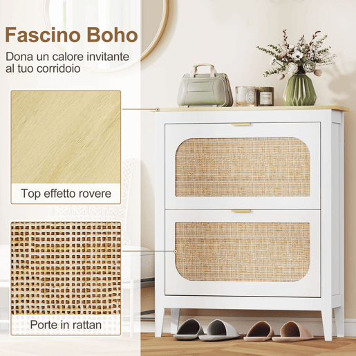 HOMCOM Sapateira Estreita com 2 Portas em Vime Sapateira para Entrada com Prateleiras Ajustáveis para 14 Pares de Sapatos 105x24x95,5 cm Branco