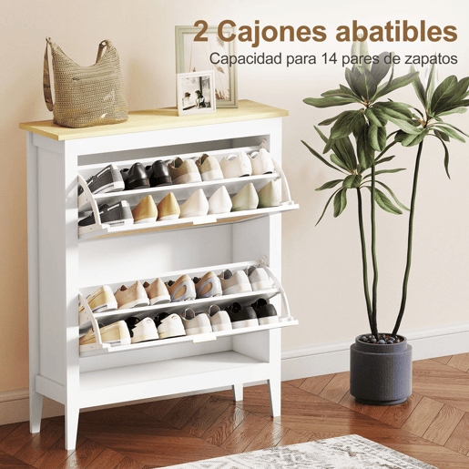 HOMCOM Sapateira Estreita com 2 Portas em Vime Sapateira para Entrada com Prateleiras Ajustáveis para 14 Pares de Sapatos 105x24x95,5 cm Branco