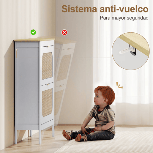 HOMCOM Sapateira Estreita com 2 Portas em Vime Sapateira para Entrada com Prateleiras Ajustáveis para 14 Pares de Sapatos 105x24x95,5 cm Branco