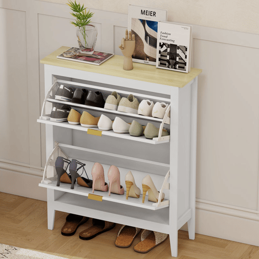 HOMCOM Sapateira Estreita com 2 Portas em Vime Sapateira para Entrada com Prateleiras Ajustáveis para 14 Pares de Sapatos 105x24x95,5 cm Branco