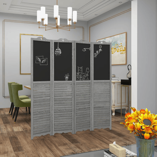 HOMCOM Biombo de 4 Painéis de Madeira Separador de Ambientes Dobrável com Quadros Divisor de Quartos 162x172 cm Cinzento e Preto