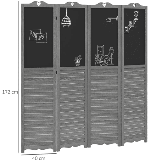 HOMCOM Biombo de 4 Painéis de Madeira Separador de Ambientes Dobrável com Quadros Divisor de Quartos 162x172 cm Cinzento e Preto