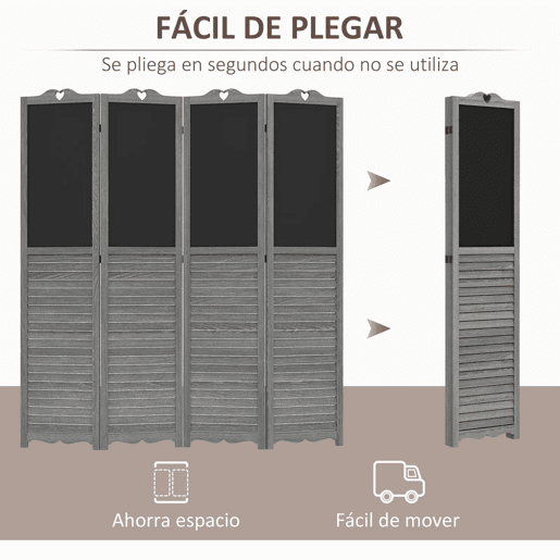 HOMCOM Biombo de 4 Painéis de Madeira Separador de Ambientes Dobrável com Quadros Divisor de Quartos 162x172 cm Cinzento e Preto