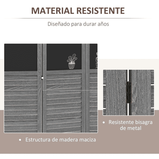 HOMCOM Biombo de 4 Painéis de Madeira Separador de Ambientes Dobrável com Quadros Divisor de Quartos 162x172 cm Cinzento e Preto