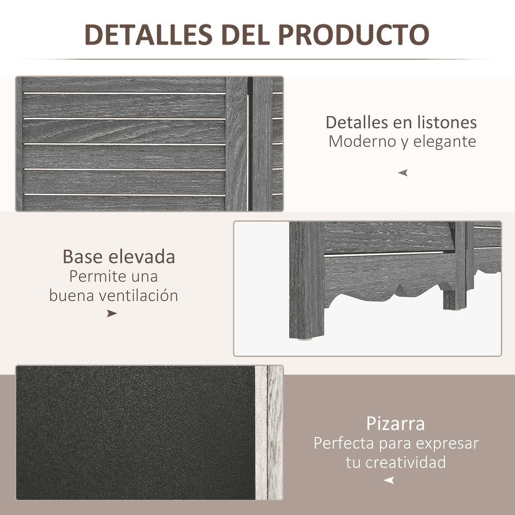 HOMCOM Biombo de 4 Painéis de Madeira Separador de Ambientes Dobrável com Quadros Divisor de Quartos 162x172 cm Cinzento e Preto