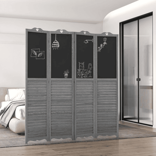 HOMCOM Biombo de 4 Painéis de Madeira Separador de Ambientes Dobrável com Quadros Divisor de Quartos 162x172 cm Cinzento e Preto