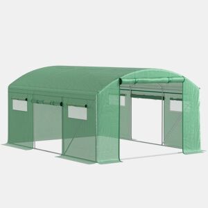 Outsunny Estufa tipo Túnel 397x300x200 cm Estufa de Exterior com 4 Janelas de Malha Cobertura de PE Anti UV e 3 Portas Enroláveis com Fecho de Correr Estufa para Jardim Pátio Verde
