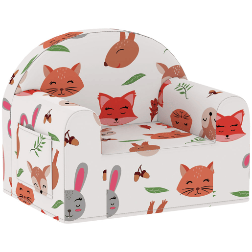 AIYAPLAY Sofá para Crianças com Estampa de Raposas Poltrona Infantil de 18-36 Meses com Capa Removível e Lavável Bolso Lateral Apoio de Braços Suporta 45 kg 54x40x43 cm Branco