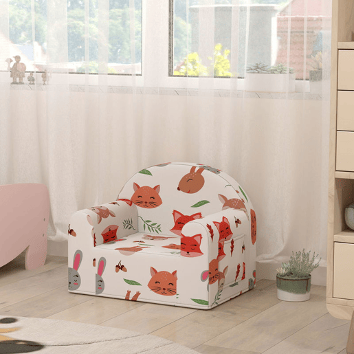 AIYAPLAY Sofá para Crianças com Estampa de Raposas Poltrona Infantil de 18-36 Meses com Capa Removível e Lavável Bolso Lateral Apoio de Braços Suporta 45 kg 54x40x43 cm Branco