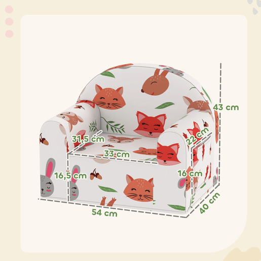 AIYAPLAY Sofá para Crianças com Estampa de Raposas Poltrona Infantil de 18-36 Meses com Capa Removível e Lavável Bolso Lateral Apoio de Braços Suporta 45 kg 54x40x43 cm Branco