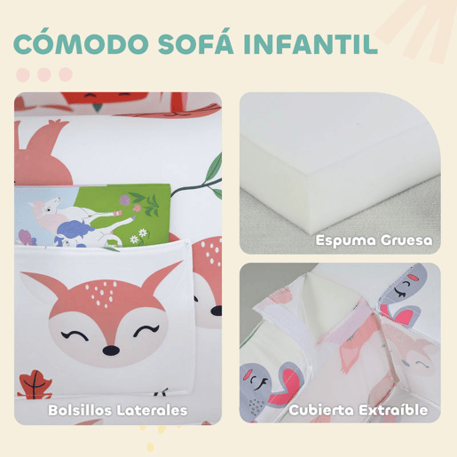 AIYAPLAY Sofá para Crianças com Estampa de Raposas Poltrona Infantil de 18-36 Meses com Capa Removível e Lavável Bolso Lateral Apoio de Braços Suporta 45 kg 54x40x43 cm Branco