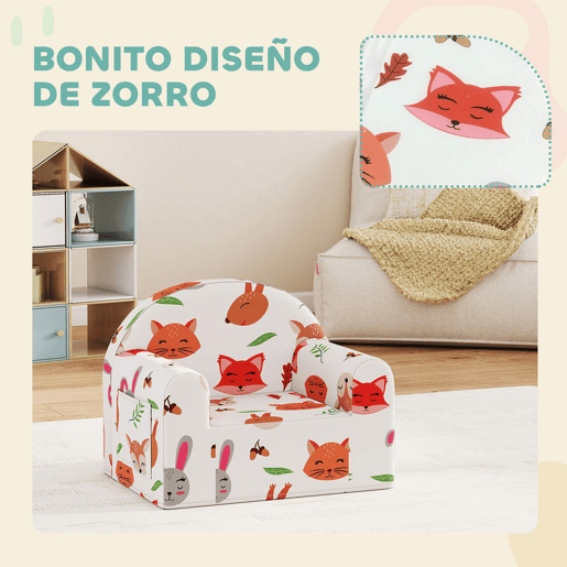 AIYAPLAY Sofá para Crianças com Estampa de Raposas Poltrona Infantil de 18-36 Meses com Capa Removível e Lavável Bolso Lateral Apoio de Braços Suporta 45 kg 54x40x43 cm Branco