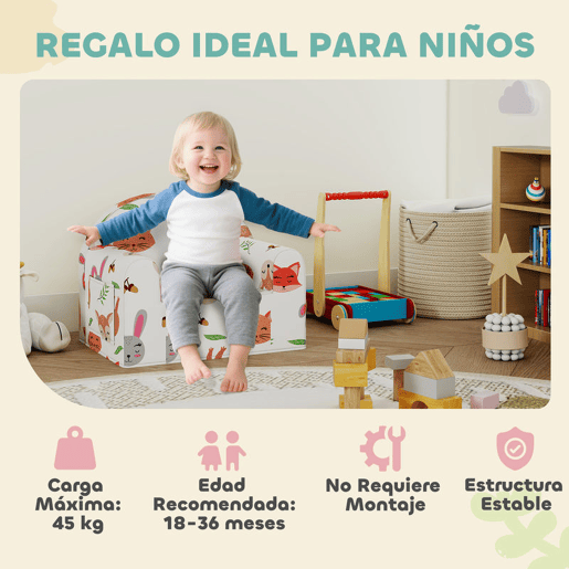 AIYAPLAY Sofá para Crianças com Estampa de Raposas Poltrona Infantil de 18-36 Meses com Capa Removível e Lavável Bolso Lateral Apoio de Braços Suporta 45 kg 54x40x43 cm Branco