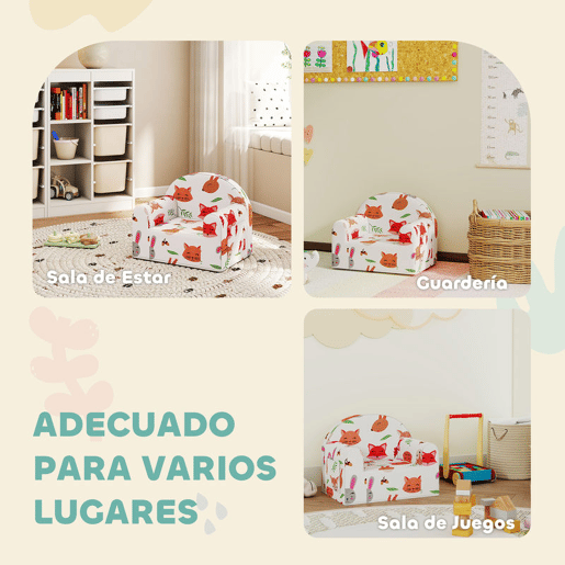 AIYAPLAY Sofá para Crianças com Estampa de Raposas Poltrona Infantil de 18-36 Meses com Capa Removível e Lavável Bolso Lateral Apoio de Braços Suporta 45 kg 54x40x43 cm Branco