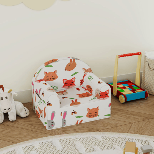 AIYAPLAY Sofá para Crianças com Estampa de Raposas Poltrona Infantil de 18-36 Meses com Capa Removível e Lavável Bolso Lateral Apoio de Braços Suporta 45 kg 54x40x43 cm Branco