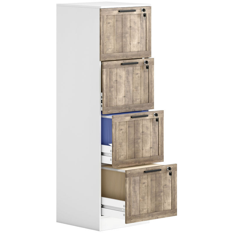Homcom cajonera de oficina con 4 cajones cajonera de escritorio con cerradura 2 llaves barras colgantes para a4 carta archivador móvil para estudio 39,4x40x129 cm blanco y madera