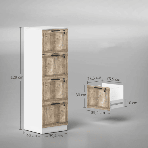HOMCOM Arquivador de Escritório com 4 Gavetas Bloco de Gavetas para Secretária com Fecho e 2 Chaves Barras para Pendurar A4 Carta Arquivador Móvel para Estudo 39,4x40x129 cm Branco e Madeira
