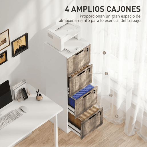HOMCOM Arquivador de Escritório com 4 Gavetas Bloco de Gavetas para Secretária com Fecho e 2 Chaves Barras para Pendurar A4 Carta Arquivador Móvel para Estudo 39,4x40x129 cm Branco e Madeira