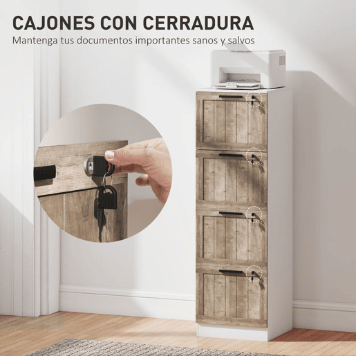 HOMCOM Arquivador de Escritório com 4 Gavetas Bloco de Gavetas para Secretária com Fecho e 2 Chaves Barras para Pendurar A4 Carta Arquivador Móvel para Estudo 39,4x40x129 cm Branco e Madeira