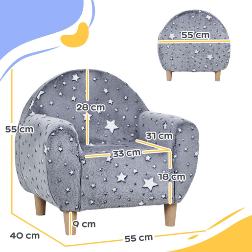 AIYAPLAY Poltrona para Crianças com Desenho de Estrelas que Brilham no Escuro Sofá para Crianças de 18-36 Meses Tecido Suave de Veludo Apoios de Braços Carga 45 kg 55x40x55 cm Cinzento
