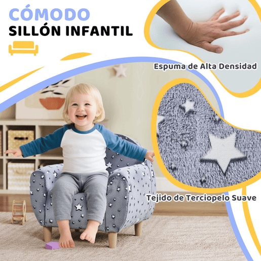 AIYAPLAY Poltrona para Crianças com Desenho de Estrelas que Brilham no Escuro Sofá para Crianças de 18-36 Meses Tecido Suave de Veludo Apoios de Braços Carga 45 kg 55x40x55 cm Cinzento