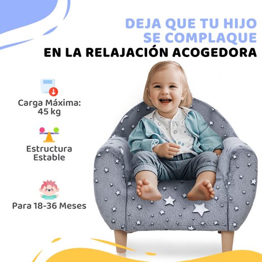 AIYAPLAY Poltrona para Crianças com Desenho de Estrelas que Brilham no Escuro Sofá para Crianças de 18-36 Meses Tecido Suave de Veludo Apoios de Braços Carga 45 kg 55x40x55 cm Cinzento