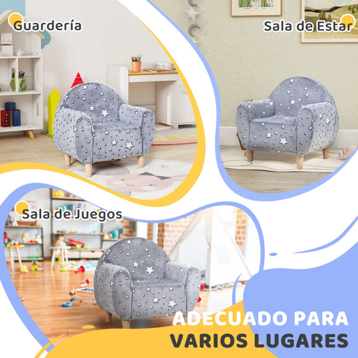 AIYAPLAY Poltrona para Crianças com Desenho de Estrelas que Brilham no Escuro Sofá para Crianças de 18-36 Meses Tecido Suave de Veludo Apoios de Braços Carga 45 kg 55x40x55 cm Cinzento