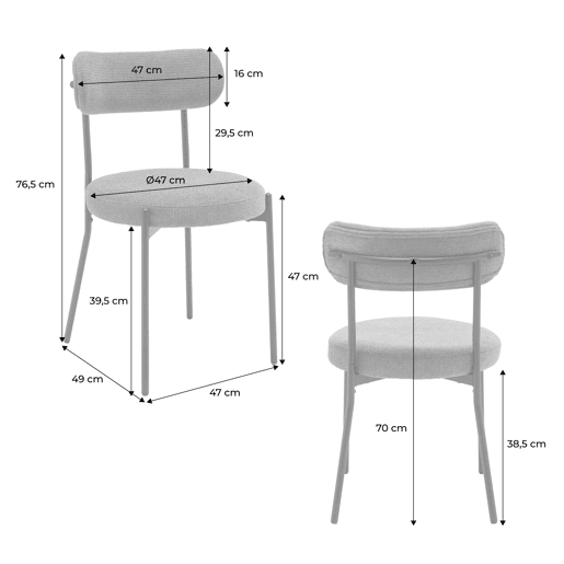 Cadeiras de metal e tecido, set de 2, Livia, Cinza, 47x49x76.5 cm