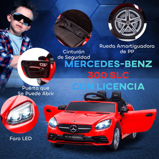 AIYAPLAY Carro Elétrico Mercedes SLC 300 12V para Crianças de 3-6 Anos com Controlo Remoto Faróis LED Buzina Música TF USB e Abertura da Porta 3-5kmh 107x62,5x44 cm Vermelho