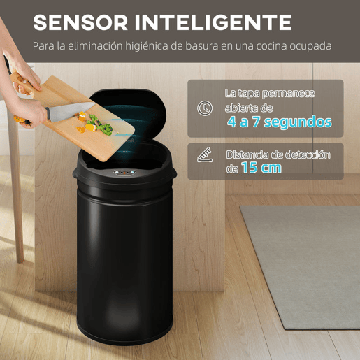 HOMCOM Balde de Lixo de Cozinha Automático 30 L Caixote de Cozinha em Aço Inoxidável Sensor Infravermelhos Fecho Automático Anti-Impressões Digitais para Quarto Escritório 32x30,5x51 cm Preto
