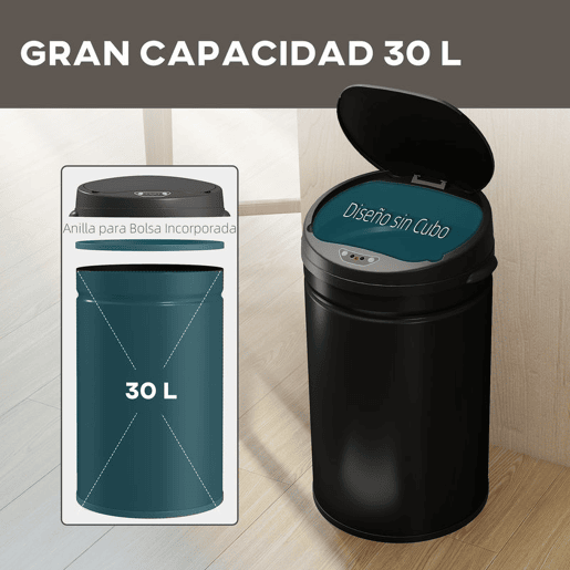 HOMCOM Balde de Lixo de Cozinha Automático 30 L Caixote de Cozinha em Aço Inoxidável Sensor Infravermelhos Fecho Automático Anti-Impressões Digitais para Quarto Escritório 32x30,5x51 cm Preto