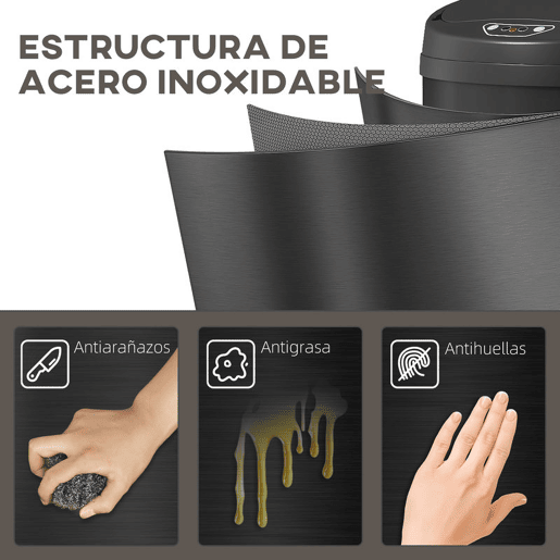 HOMCOM Balde de Lixo de Cozinha Automático 30 L Caixote de Cozinha em Aço Inoxidável Sensor Infravermelhos Fecho Automático Anti-Impressões Digitais para Quarto Escritório 32x30,5x51 cm Preto