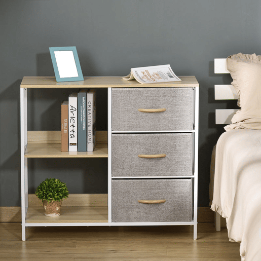 HOMCOM Cómoda de Estilo Industrial com Gavetas de Tecido Dobráveis e 2 Prateleiras para Dormitório Sala de Estar Corredor 80x29x71 cm Madeira e Cinza Claro