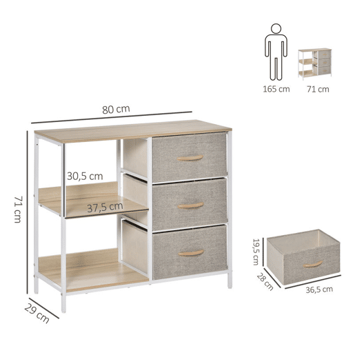 HOMCOM Cómoda de Estilo Industrial com Gavetas de Tecido Dobráveis e 2 Prateleiras para Dormitório Sala de Estar Corredor 80x29x71 cm Madeira e Cinza Claro