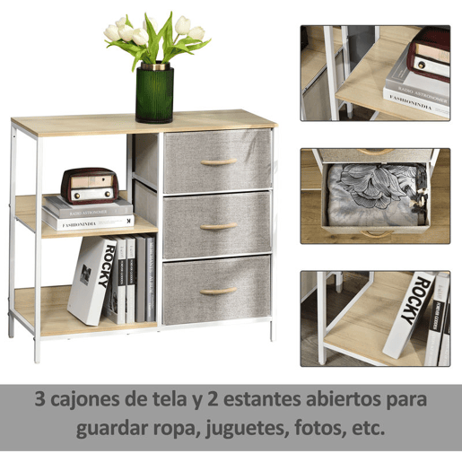 HOMCOM Cómoda de Estilo Industrial com Gavetas de Tecido Dobráveis e 2 Prateleiras para Dormitório Sala de Estar Corredor 80x29x71 cm Madeira e Cinza Claro