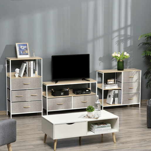 HOMCOM Cómoda de Estilo Industrial com Gavetas de Tecido Dobráveis e 2 Prateleiras para Dormitório Sala de Estar Corredor 80x29x71 cm Madeira e Cinza Claro