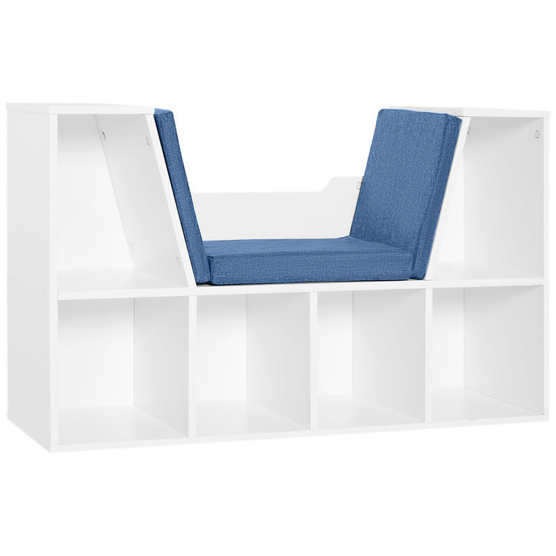 Homcom librería con asiento, estantería de libros con 6 cubos, estantería almacenamiento con banco con cojín, multiusos para sala de estar, oficina, dormitorio, 102x30x61cm, blanco y azul